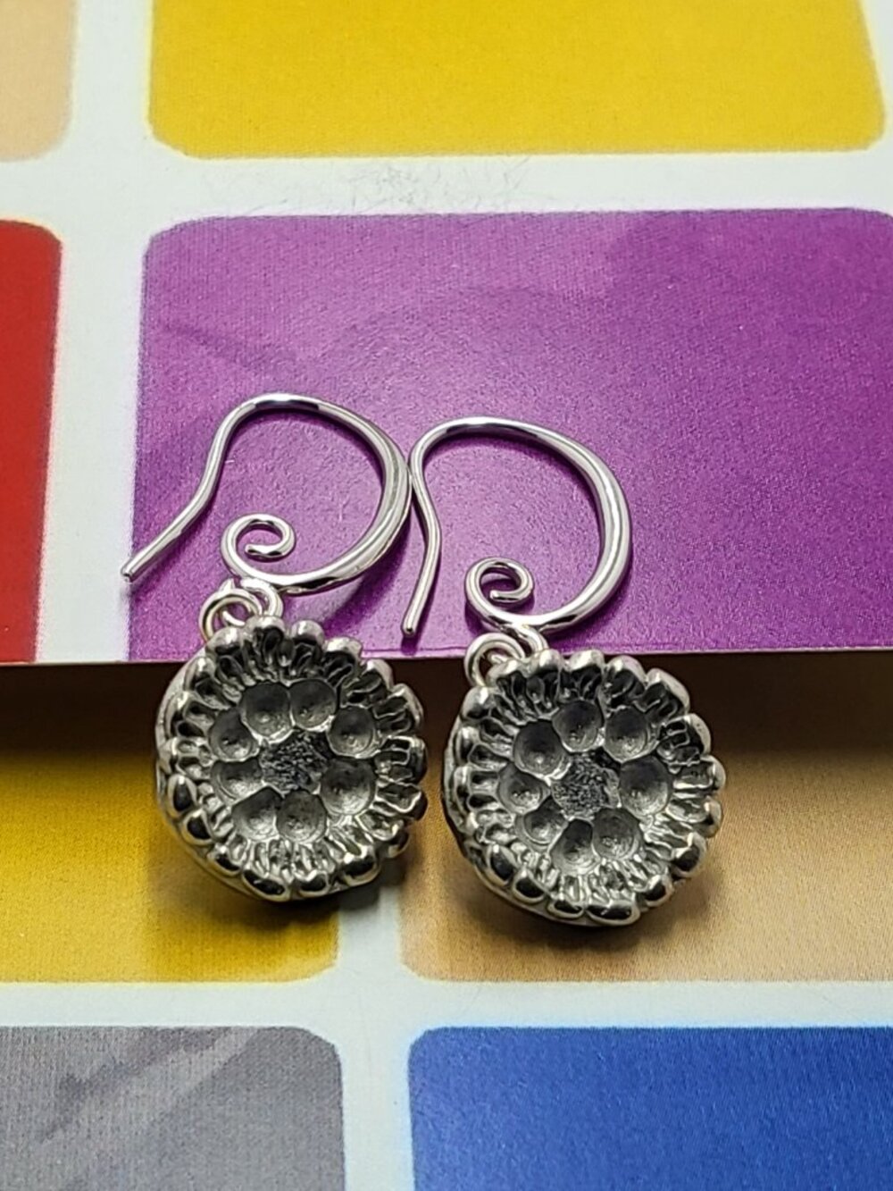 Earrings with vintage Todd Oldham Buttons 90s silver tone